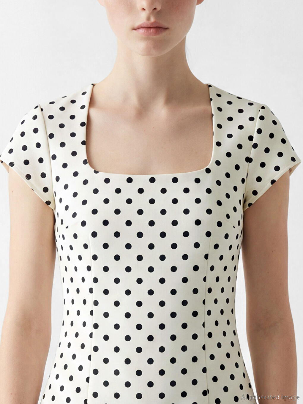 Ekru Kare Yaka Puantiyeli Mini Elbise-2