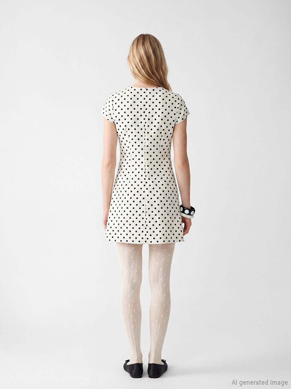 Ekru Kare Yaka Puantiyeli Mini Elbise-3