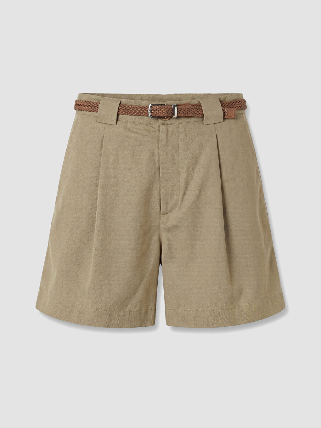 Belted Linen Blend Pleated Women's Shorts-4