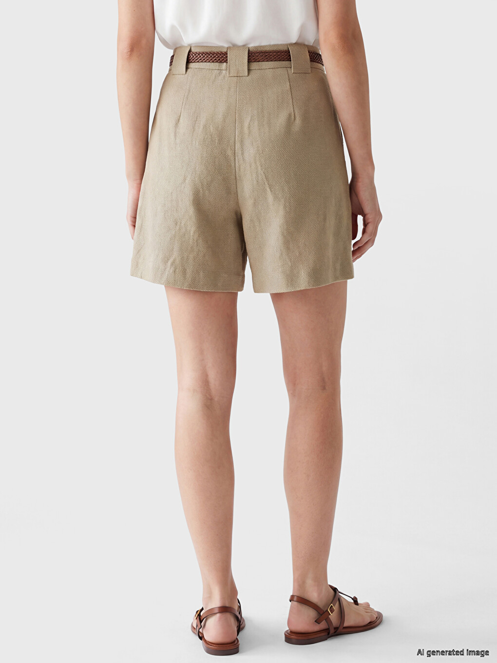 Belted Linen Blend Pleated Women's Shorts-3