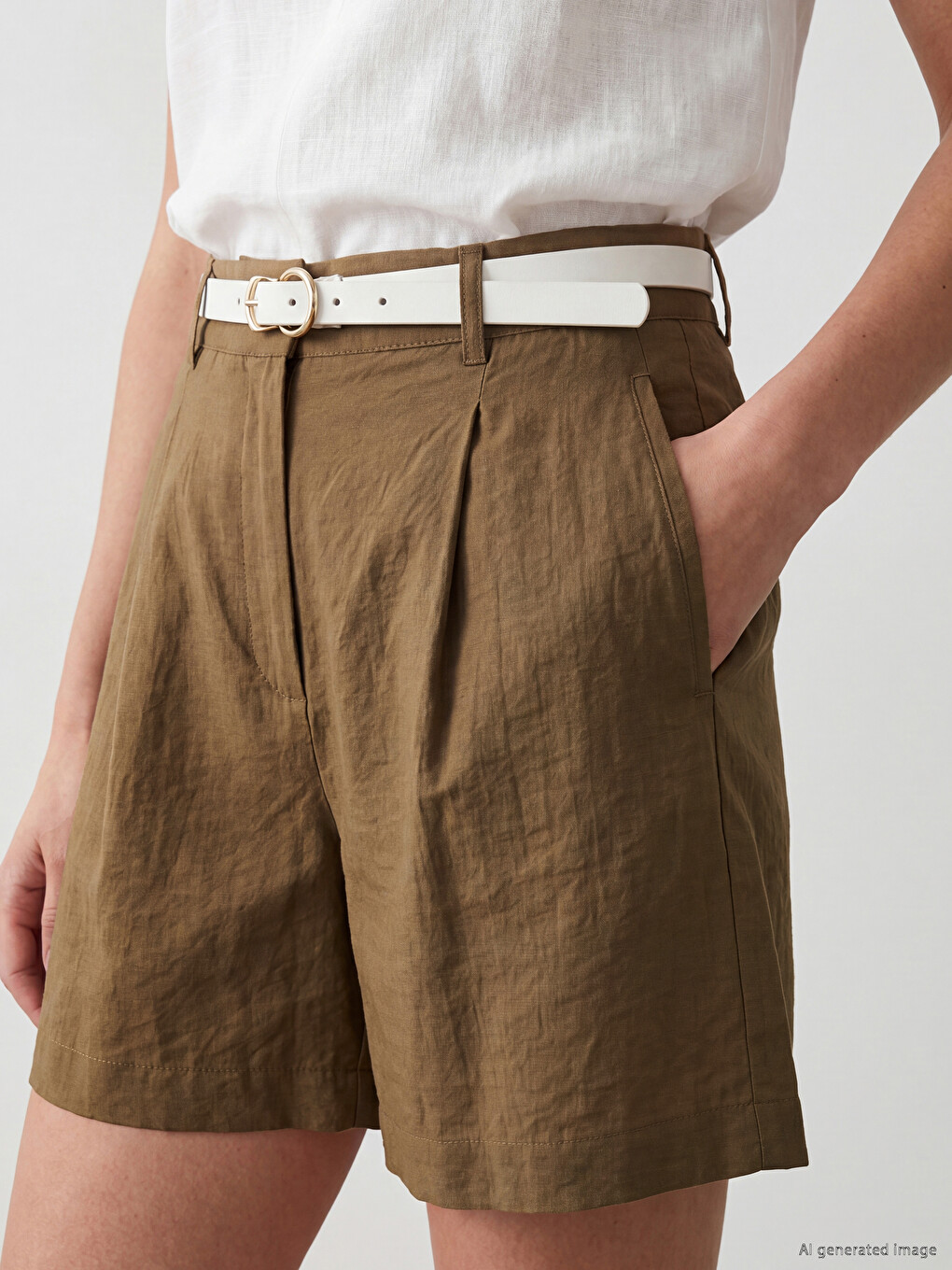 Belted Waist Women's Pleated Shorts-2