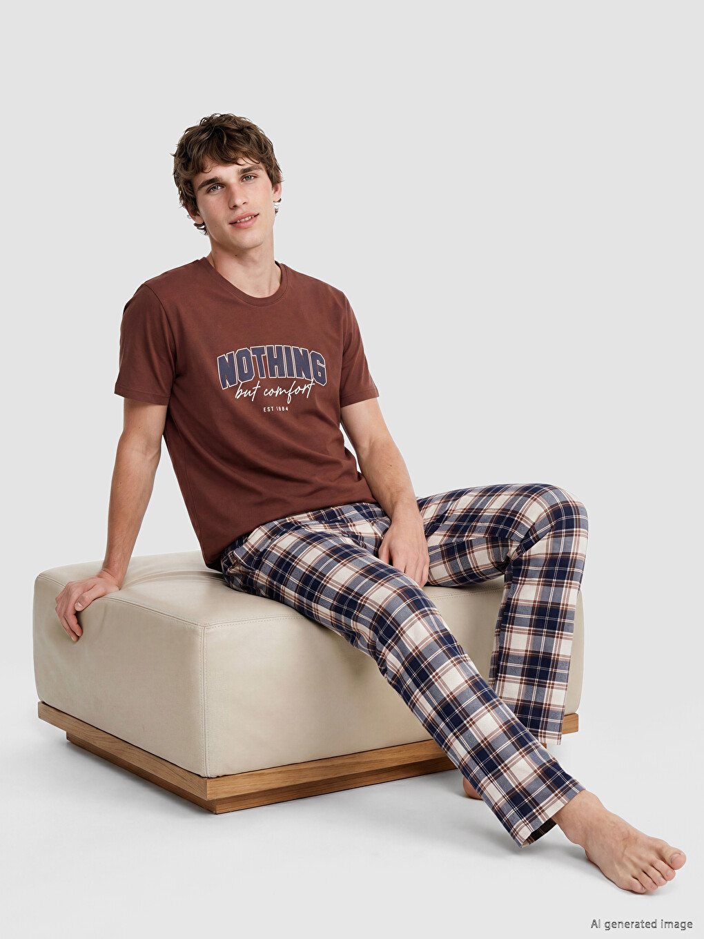 Kahverengi Regular Fit Baskılı Erkek Pijama Takımı