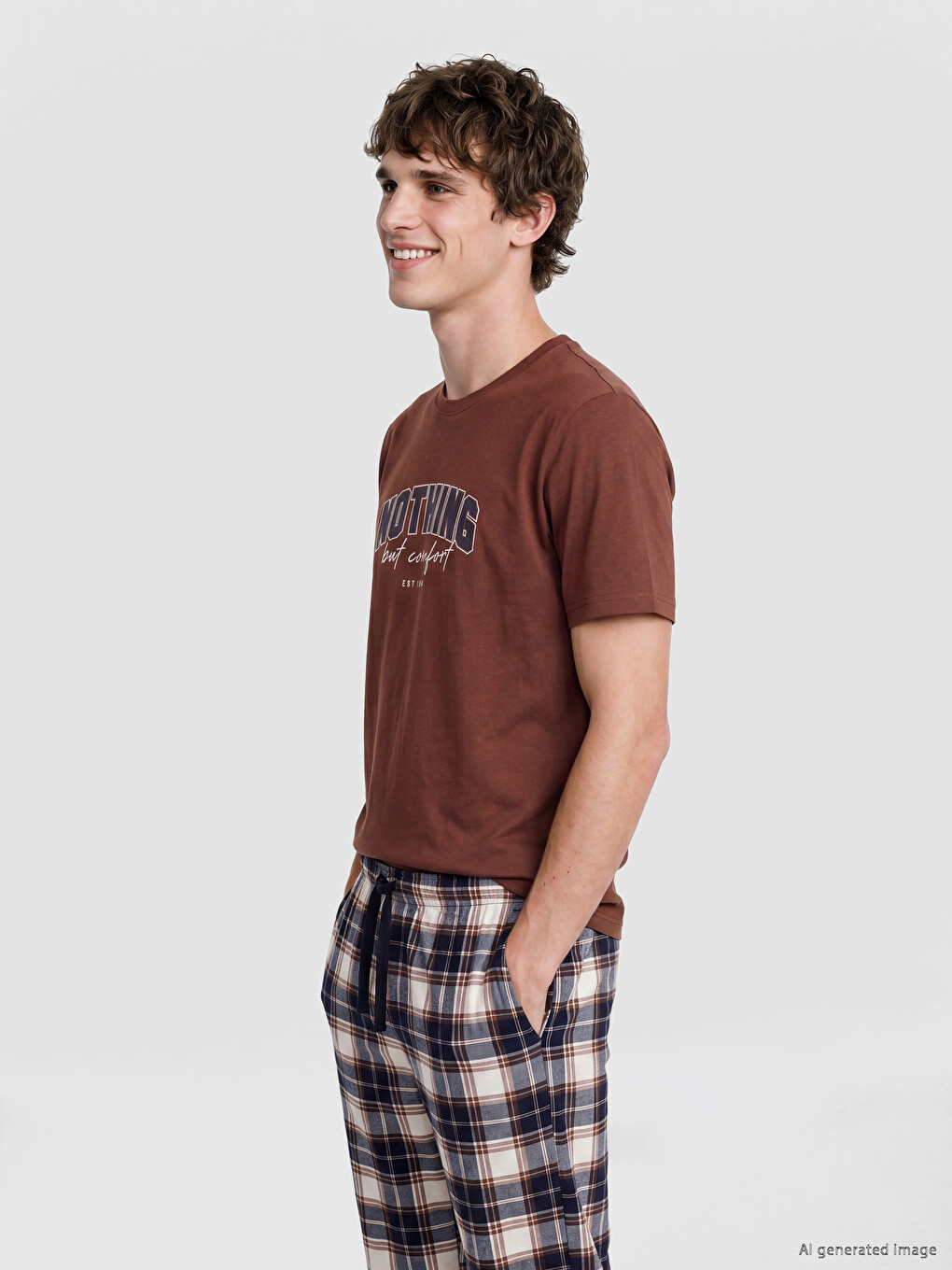 Kahverengi Regular Fit Baskılı Erkek Pijama Takımı-1