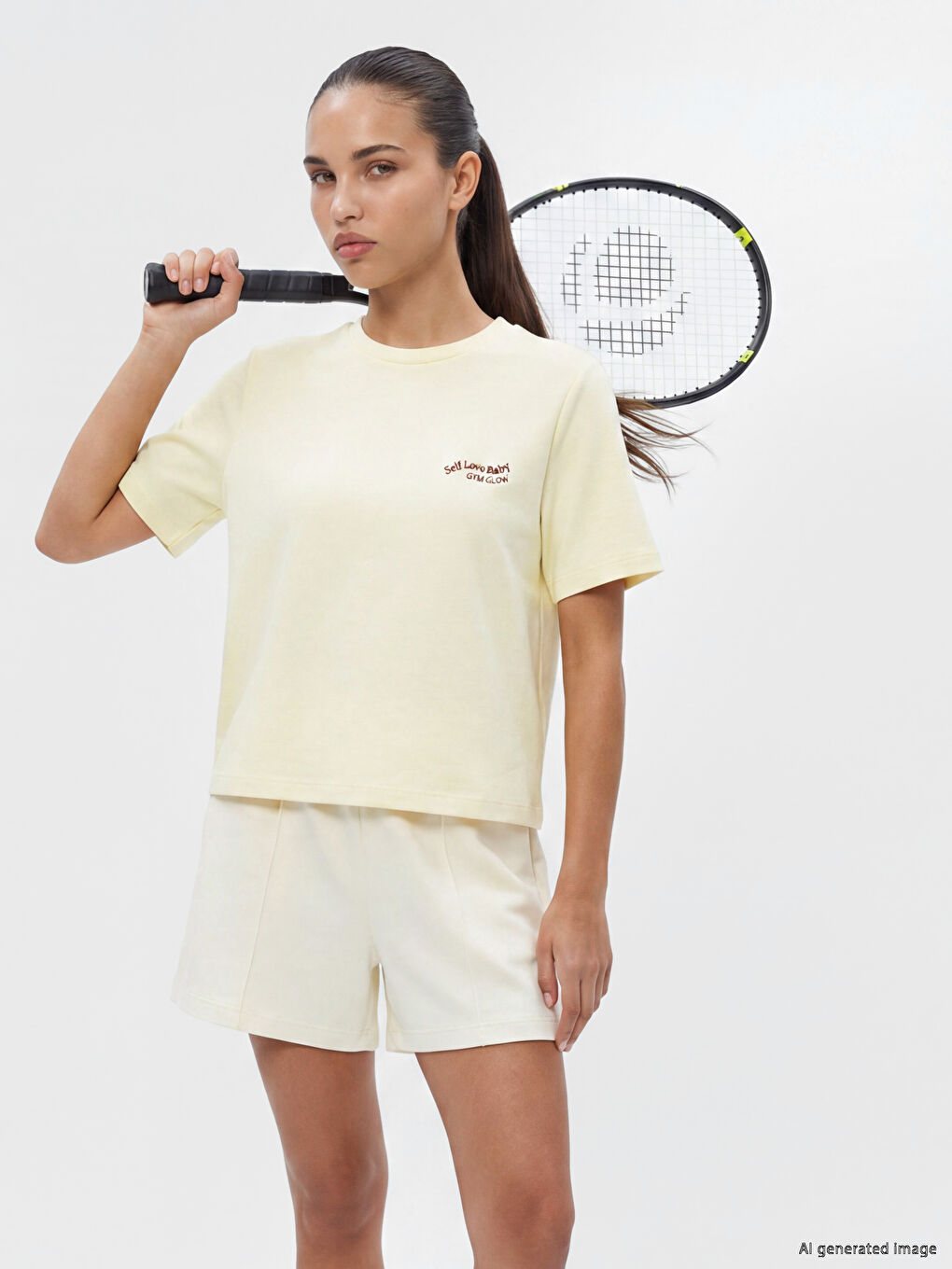 Sarı Soft Touch Nakışlı Kadın Spor Tişört