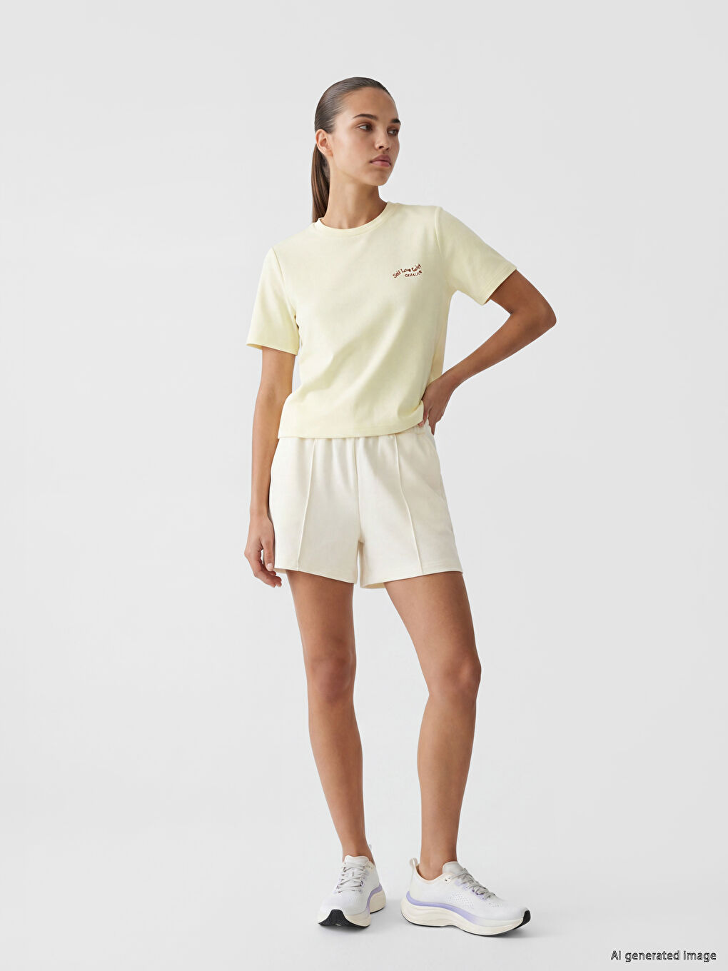 Sarı Soft Touch Nakışlı Kadın Spor Tişört-1