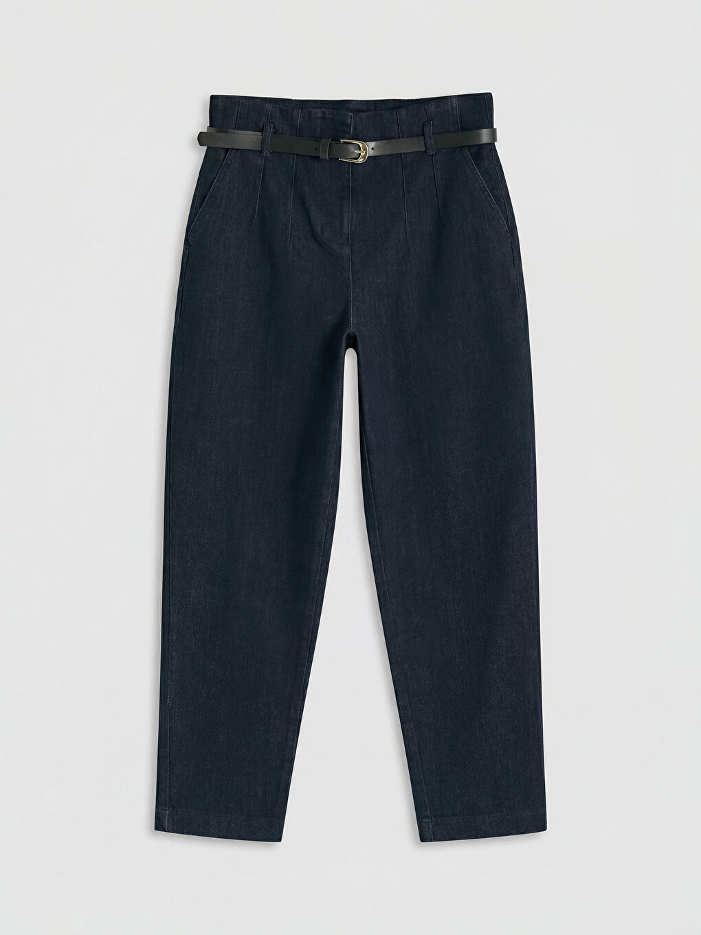 İndigo Beli Kemerli Slim Mom Kadın Jean Pantolon