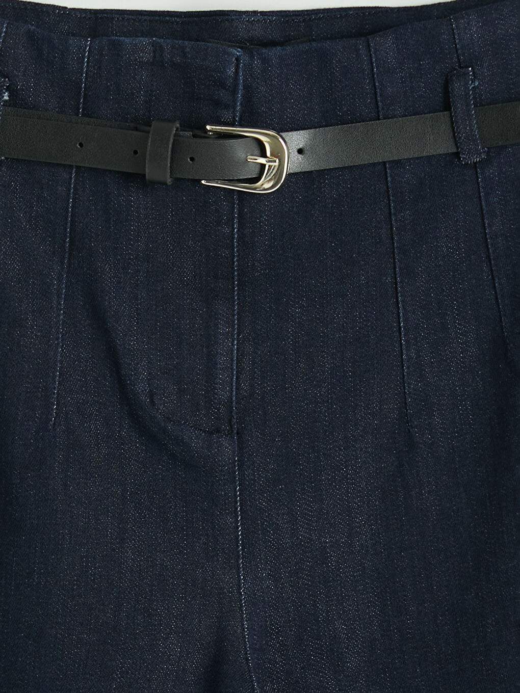 İndigo Beli Kemerli Slim Mom Kadın Jean Pantolon-2