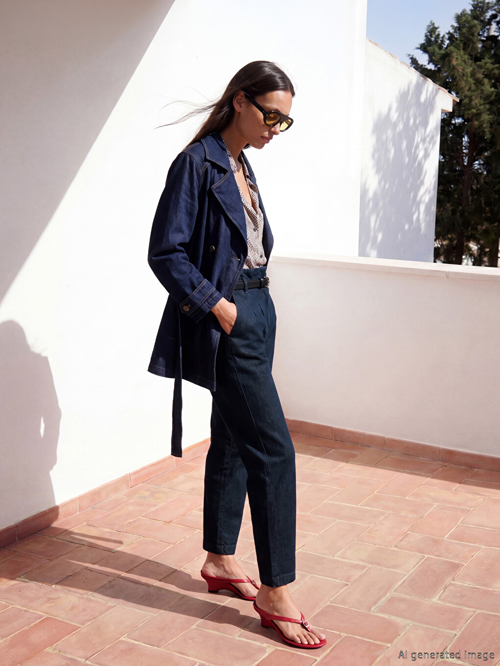 İndigo Beli Kemerli Slim Mom Kadın Jean Pantolon
