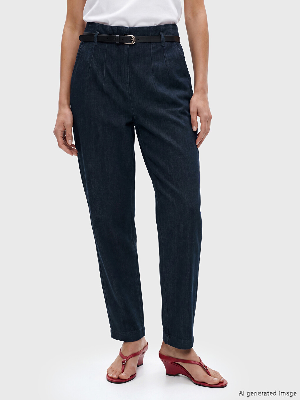 İndigo Beli Kemerli Slim Mom Kadın Jean Pantolon-1