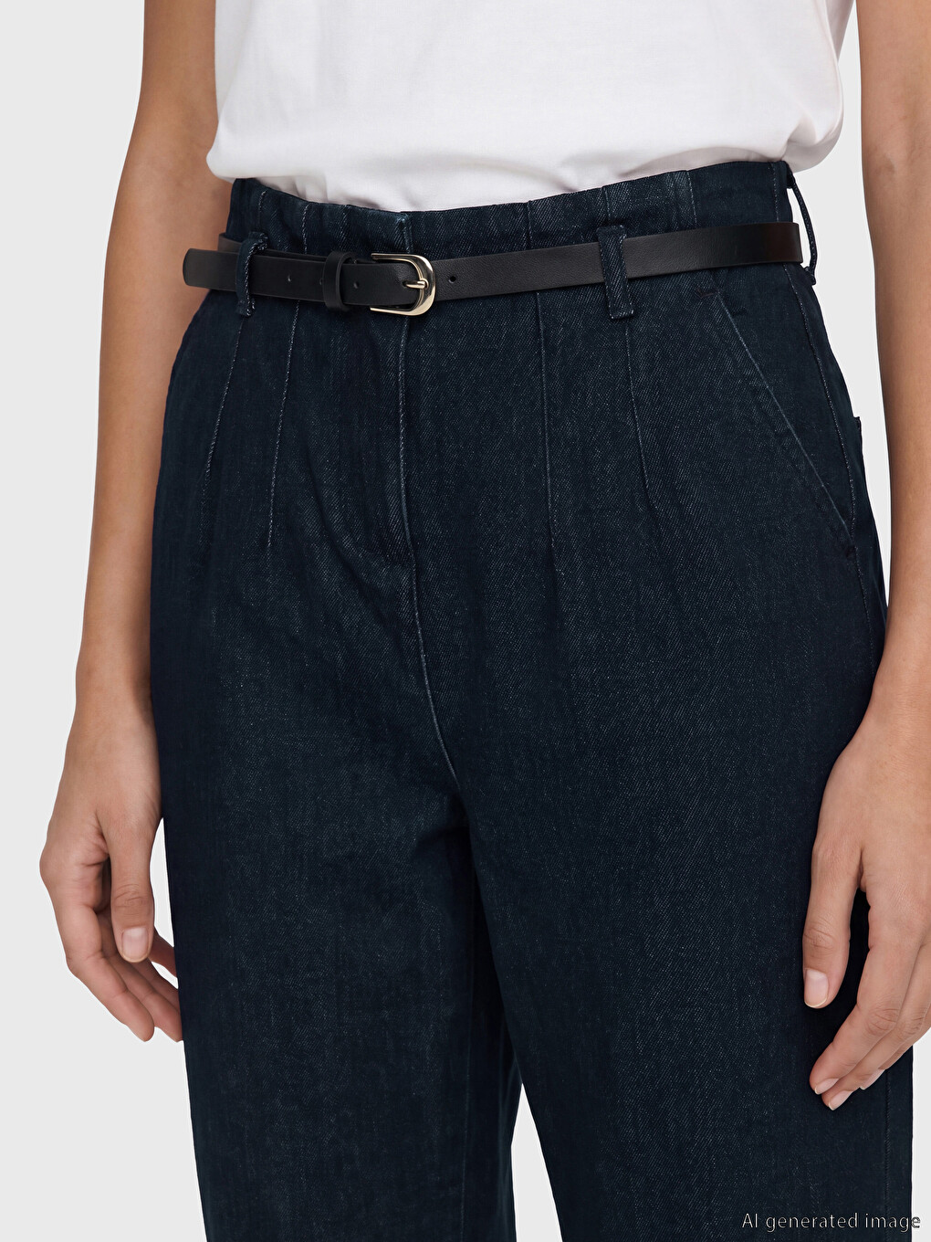İndigo Beli Kemerli Slim Mom Kadın Jean Pantolon-2