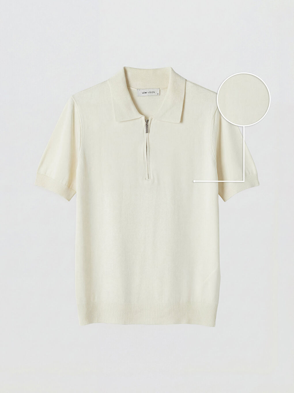 Ekru Polo Yaka Kısa Kollu Fermuarlı Kadın Triko Kazak