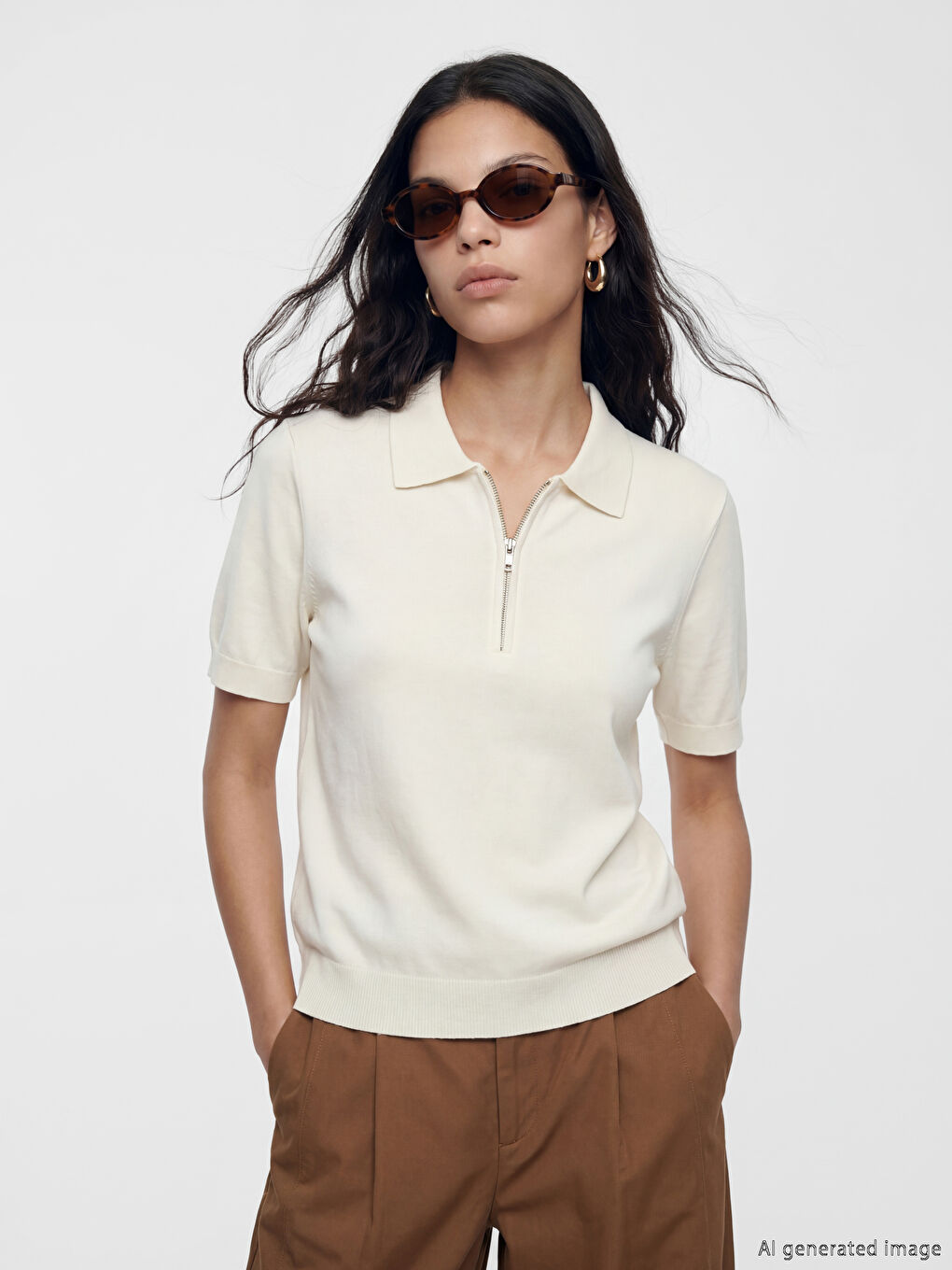 Beyaz Polo Yaka Kısa Kollu Fermuarlı Kadın Triko Kazak