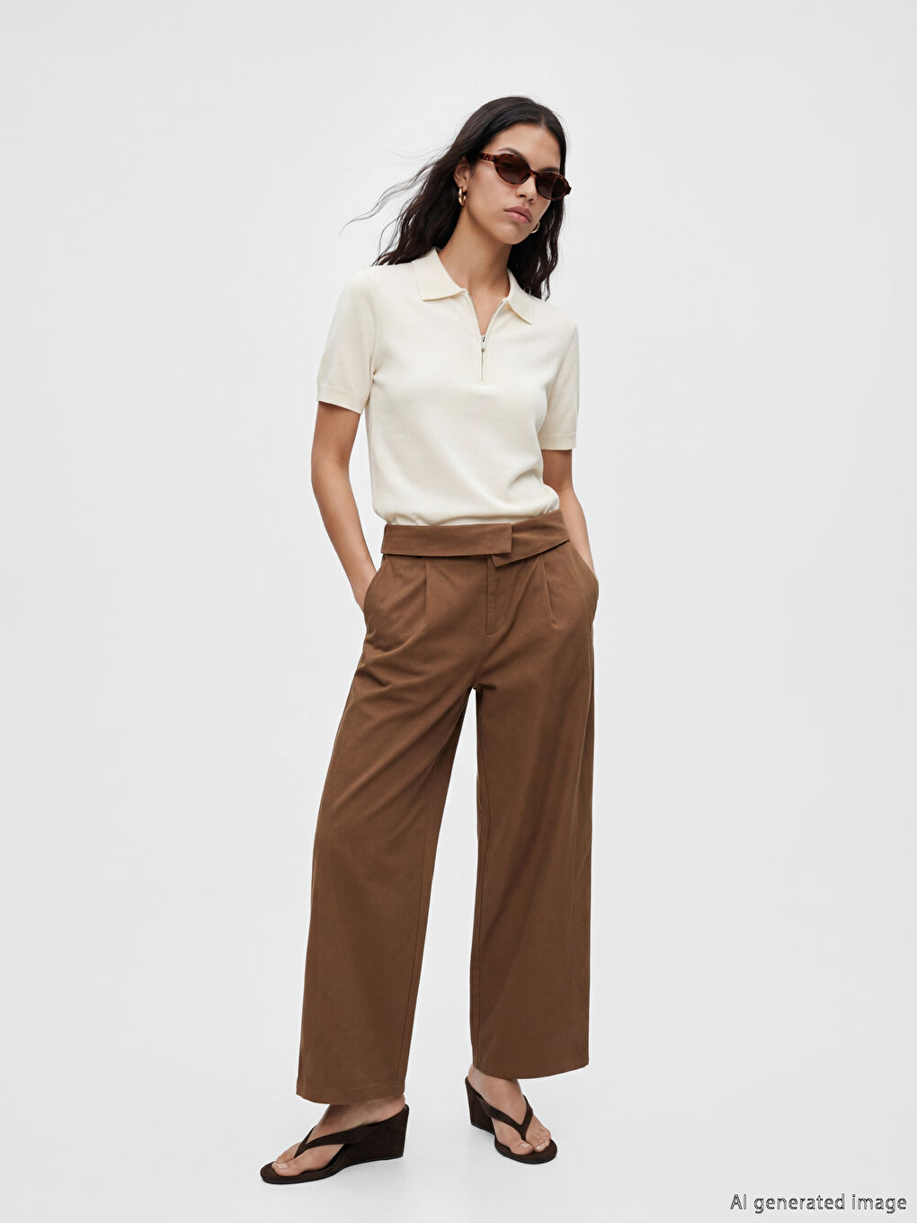 Beyaz Polo Yaka Kısa Kollu Fermuarlı Kadın Triko Kazak-1