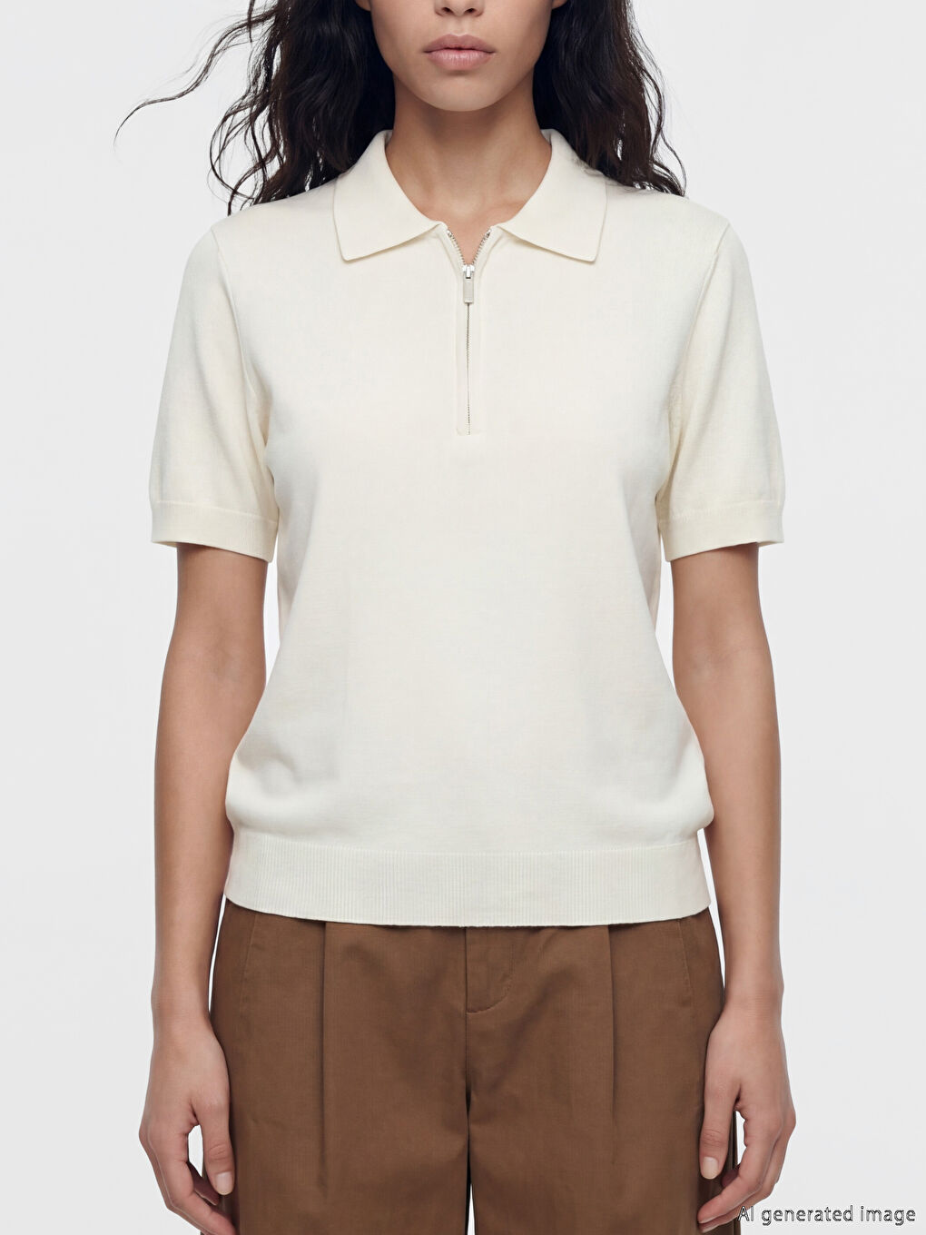 Beyaz Polo Yaka Kısa Kollu Fermuarlı Kadın Triko Kazak-2