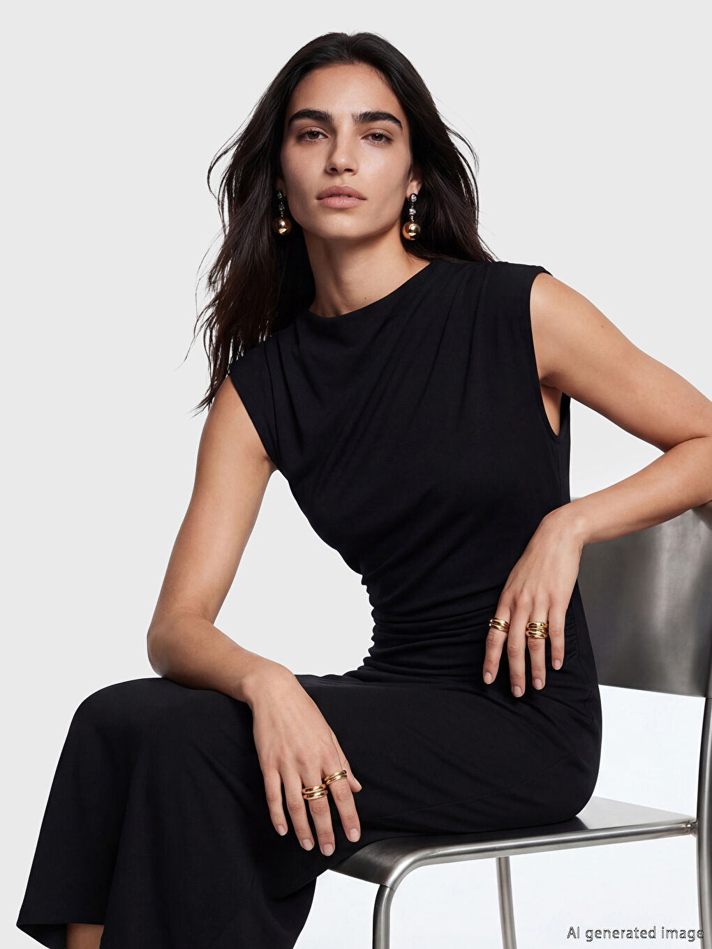 Siyah Büzgülü Bodycon Midi Elbise-1