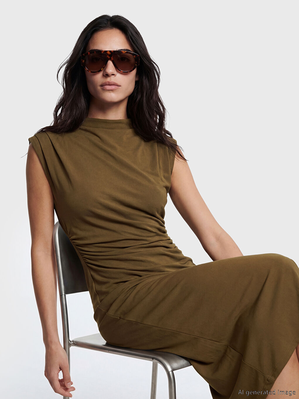 Haki Büzgülü Bodycon Midi Elbise