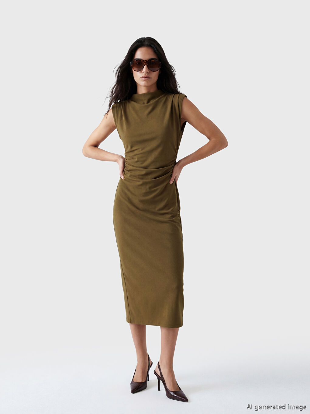 Haki Büzgülü Bodycon Midi Elbise-1