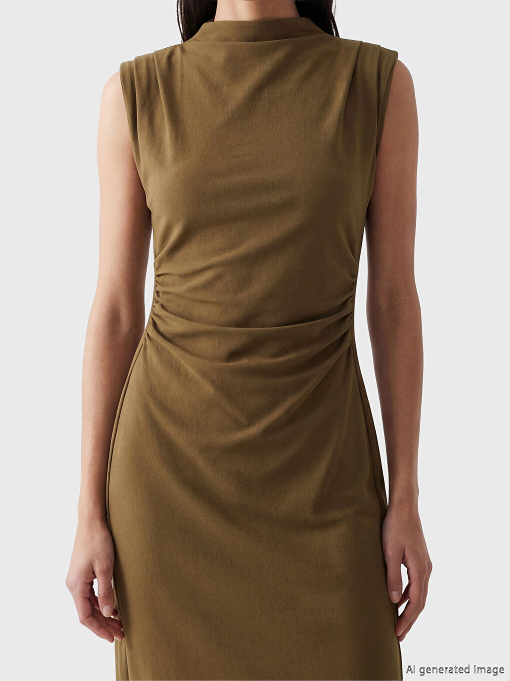 Haki Büzgülü Bodycon Midi Elbise-2