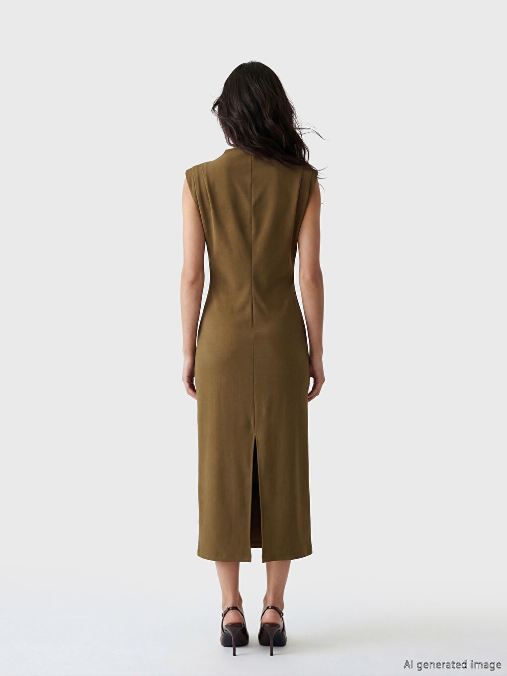 Haki Büzgülü Bodycon Midi Elbise-3