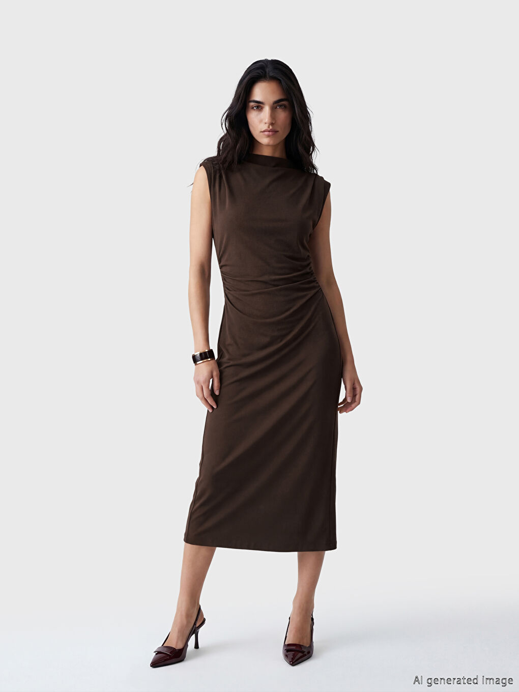 Kahverengi Büzgülü Bodycon Midi Elbise