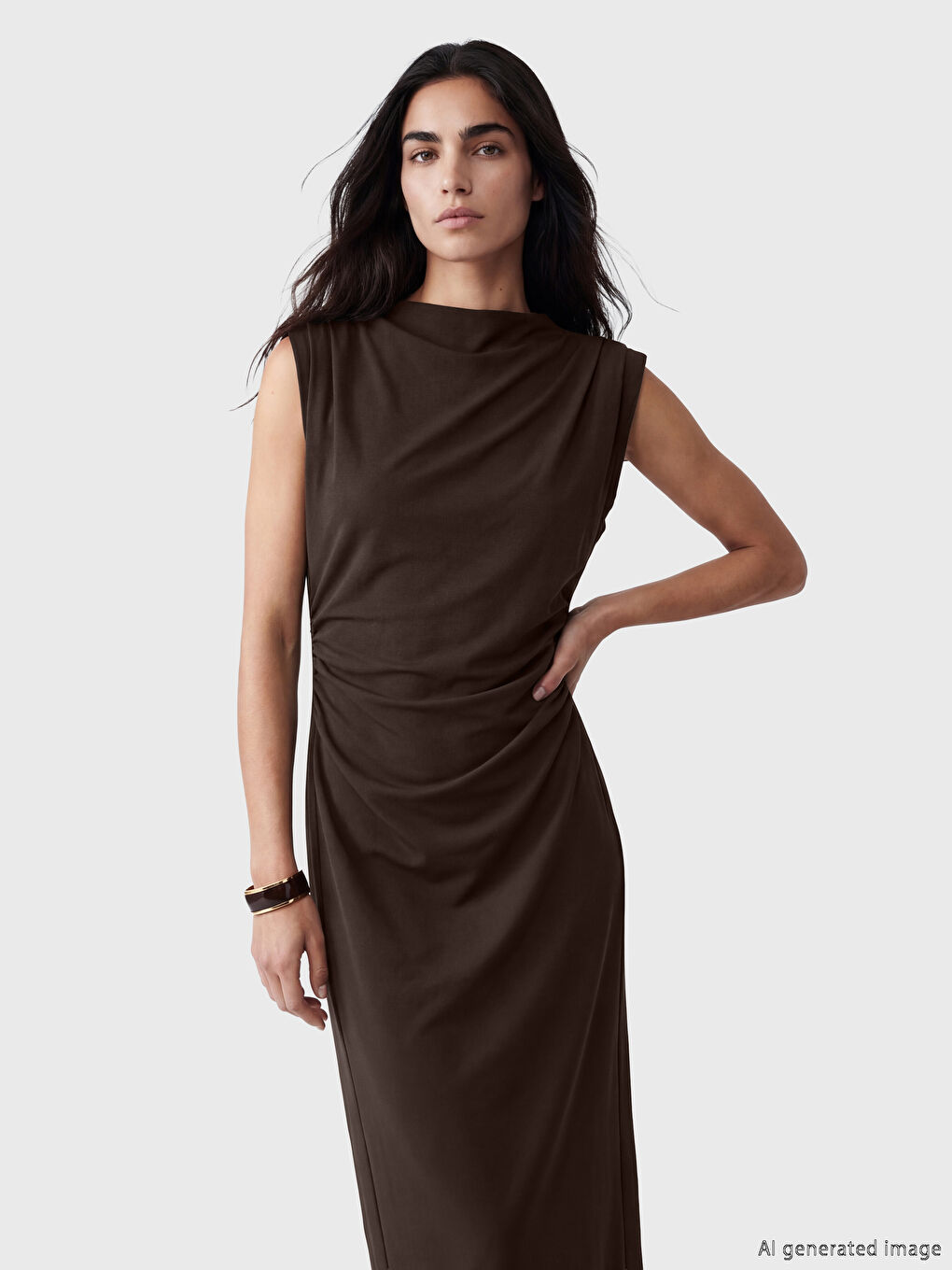 Kahverengi Büzgülü Bodycon Midi Elbise-1