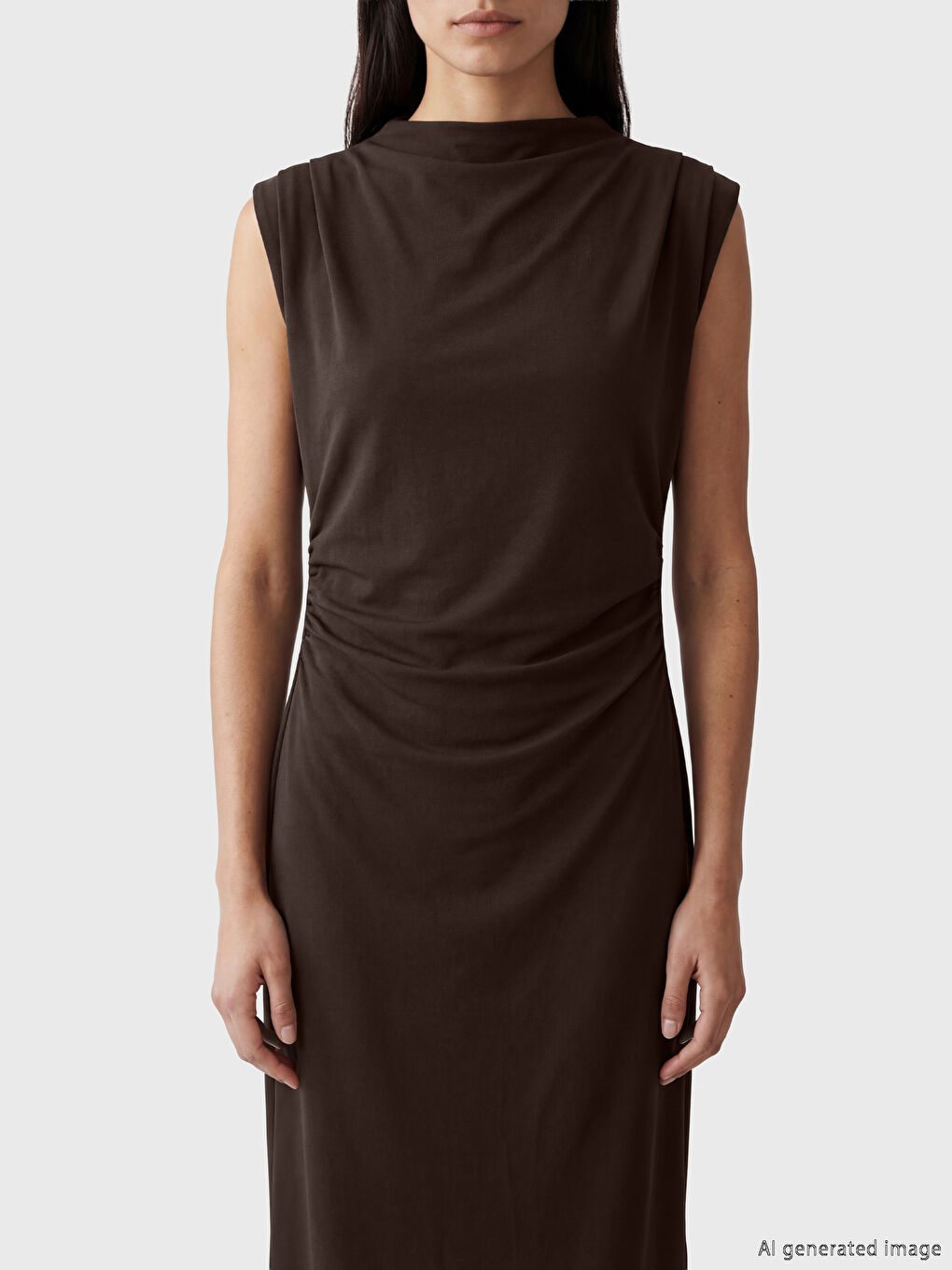 Kahverengi Büzgülü Bodycon Midi Elbise-2