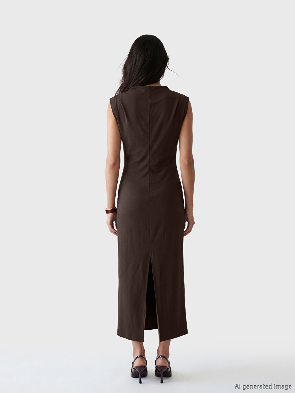 Kahverengi Büzgülü Bodycon Midi Elbise-3