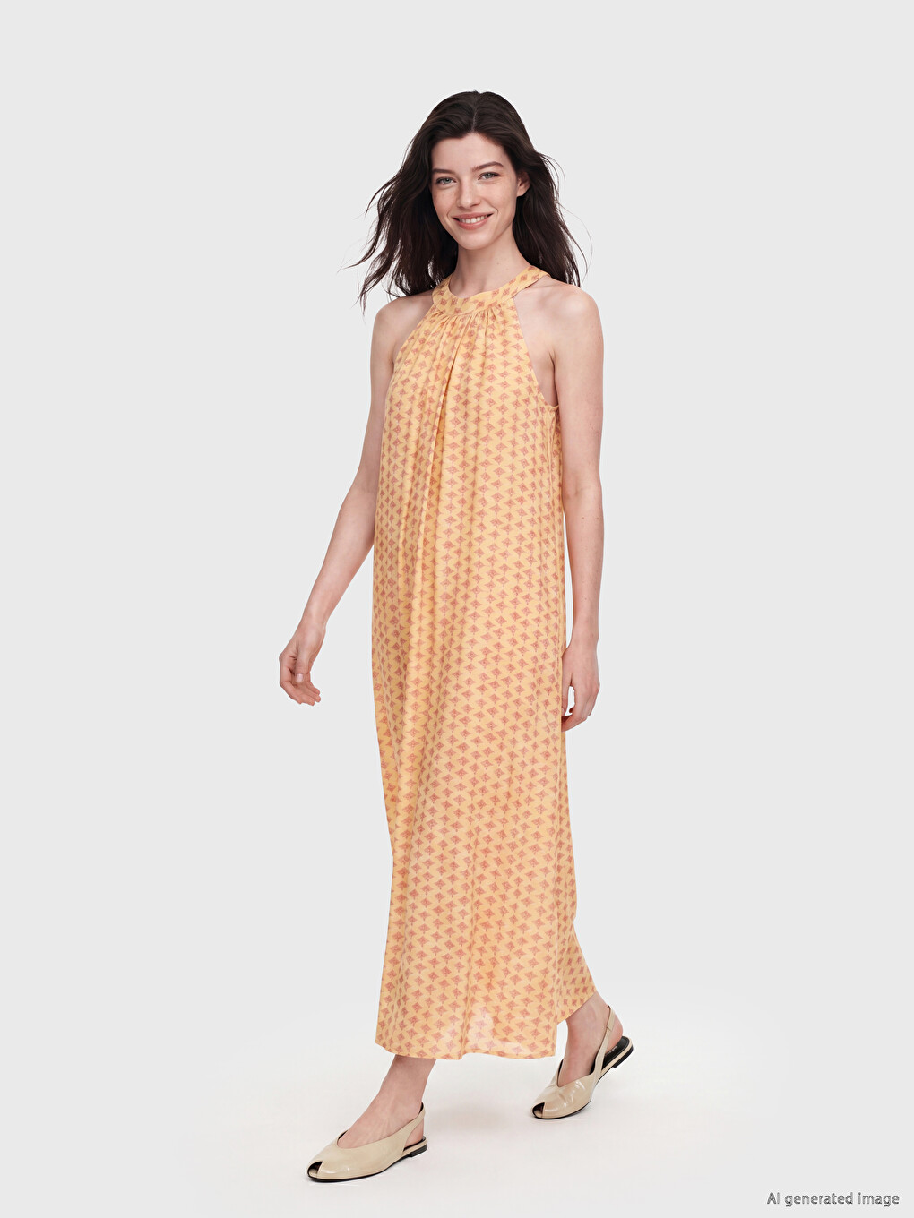 Halter Neck Patterned Pleated Dress