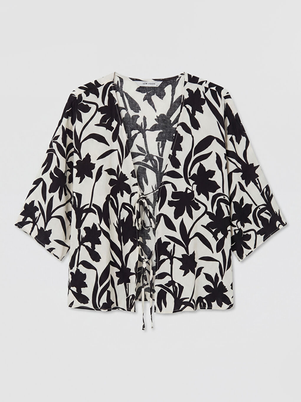 Siyah V Yaka Desenli Bağlamalı Kadın Kimono