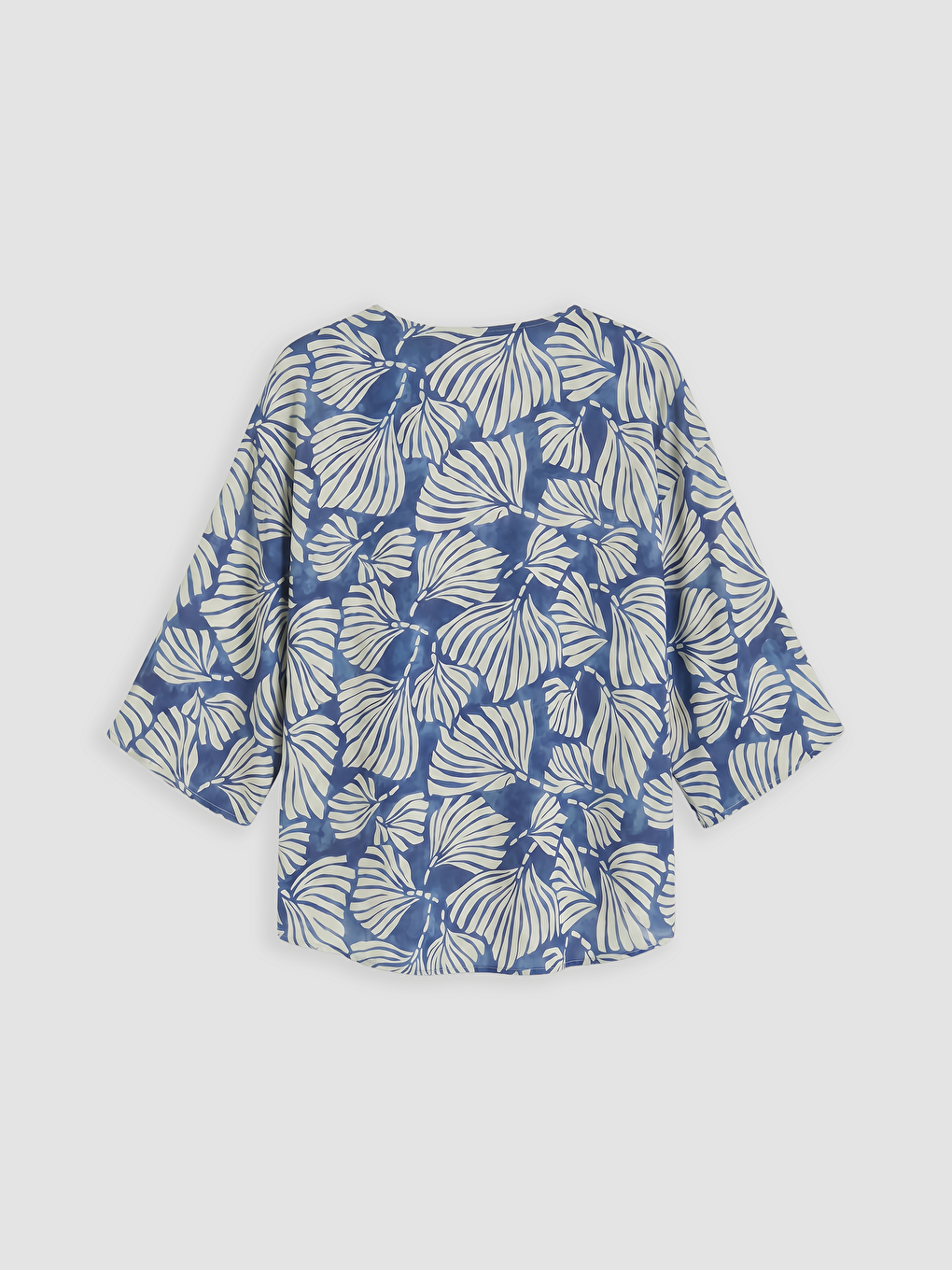 Mavi V Yaka Desenli Bağlamalı Kadın Kimono-1