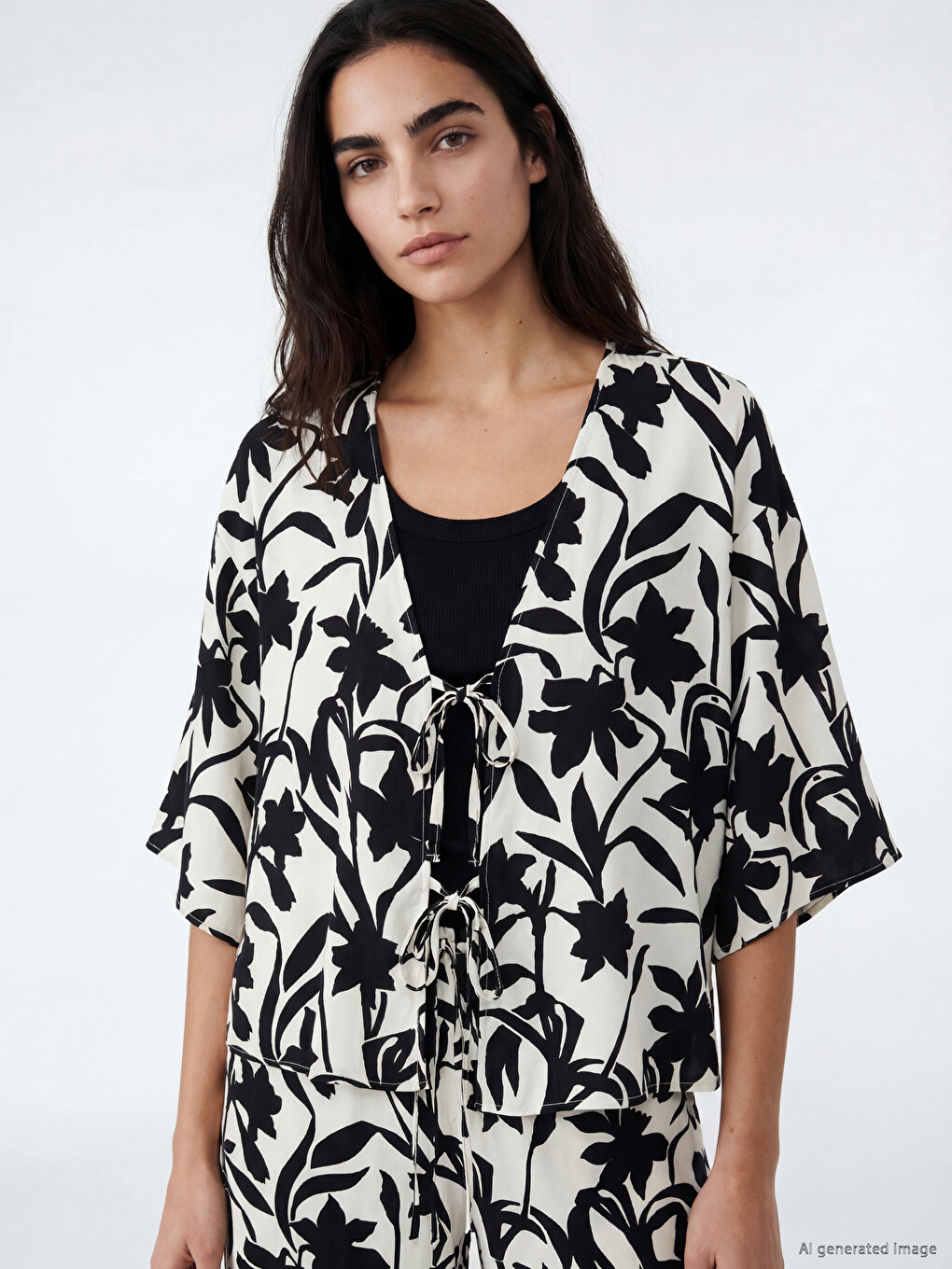 V Neck Patterned Tie-up Women's Kimono