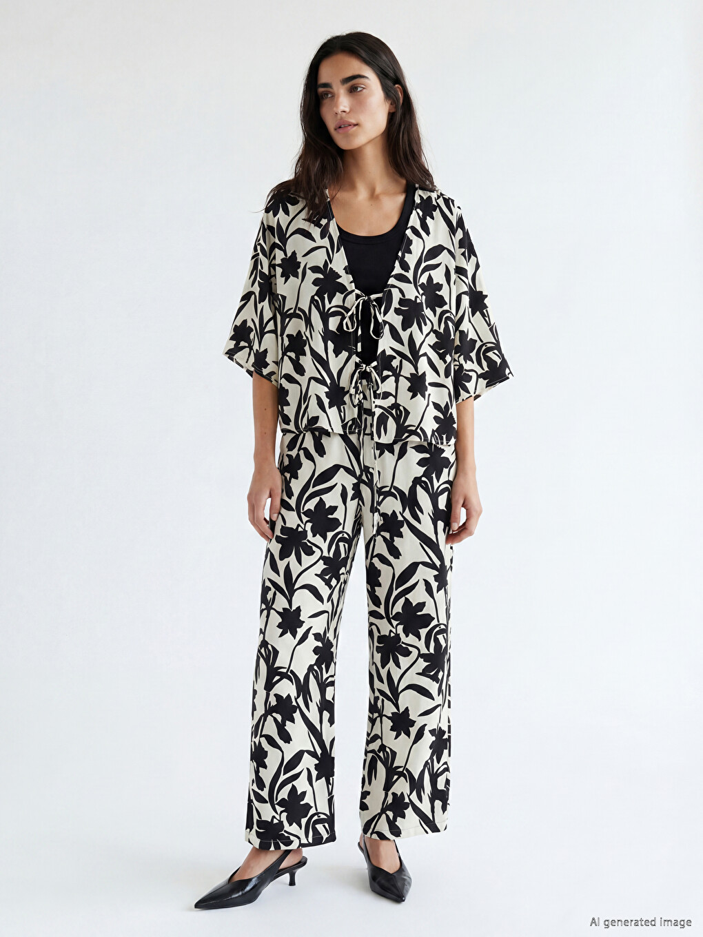 V Neck Patterned Tie-up Women's Kimono-1