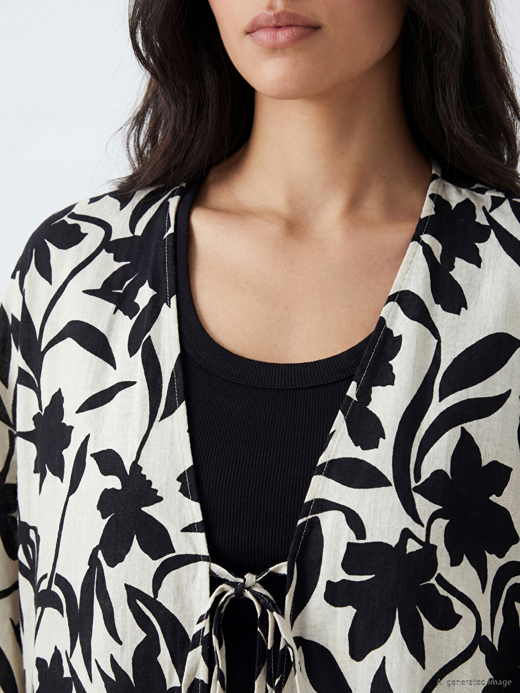 V Neck Patterned Tie-up Women's Kimono-2