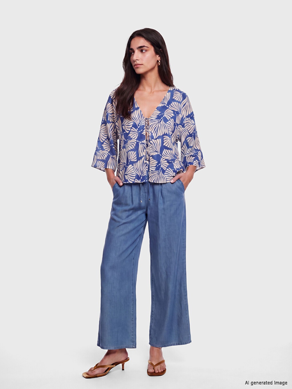 Mavi V Yaka Desenli Bağlamalı Kadın Kimono-1