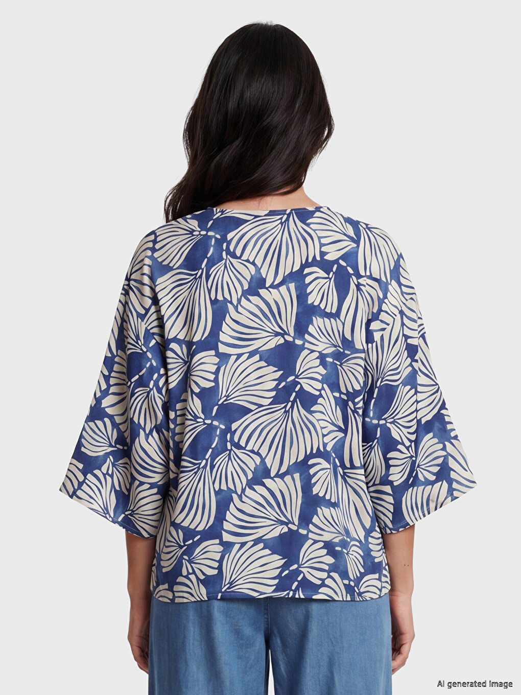 Mavi V Yaka Desenli Bağlamalı Kadın Kimono-3