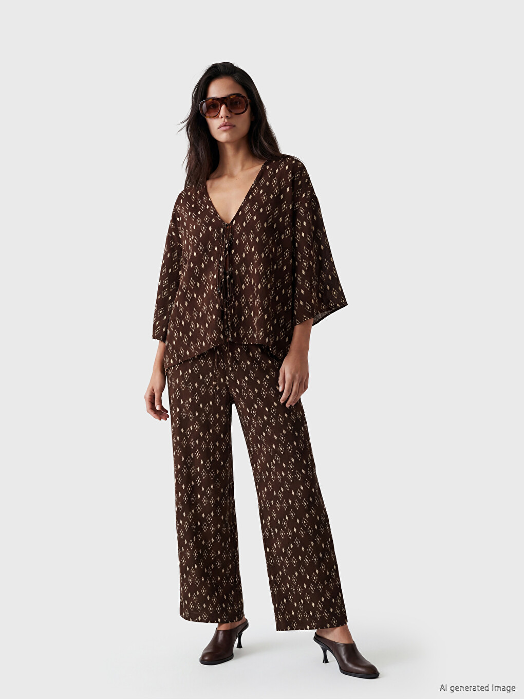 V Neck Patterned Tie-up Women's Kimono-1