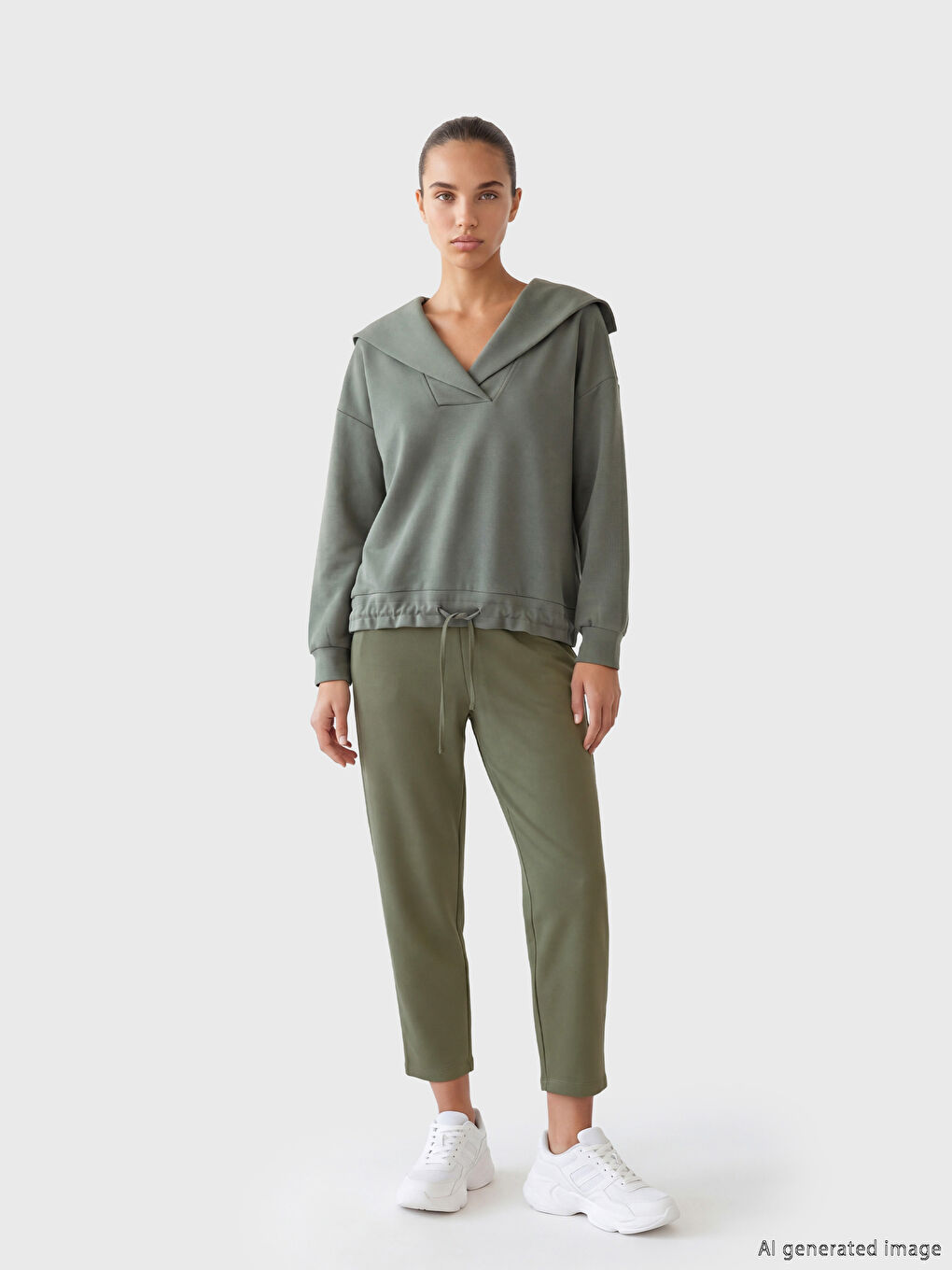 Haki Beli Lastikli Kadın Eşofman Altı