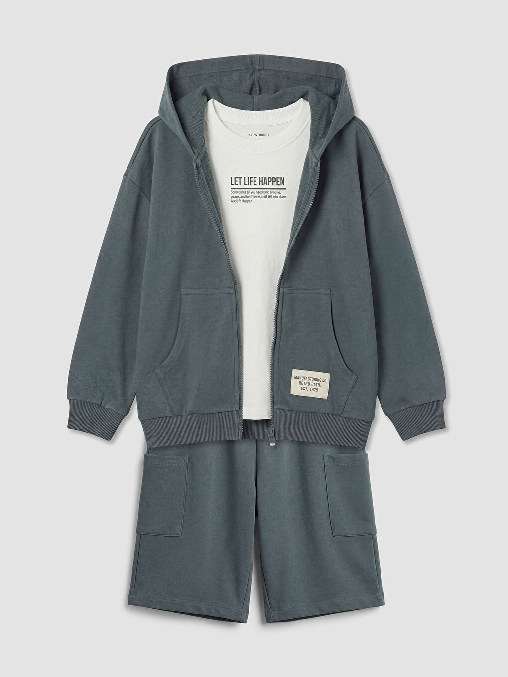 Gri Kapüşonlu Baskılı Erkek Çocuk 3'lü Takım