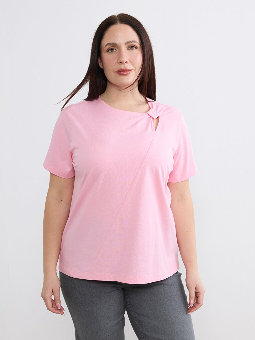 Pembe Büyük Beden Kayık Yaka Dokulu Bluz