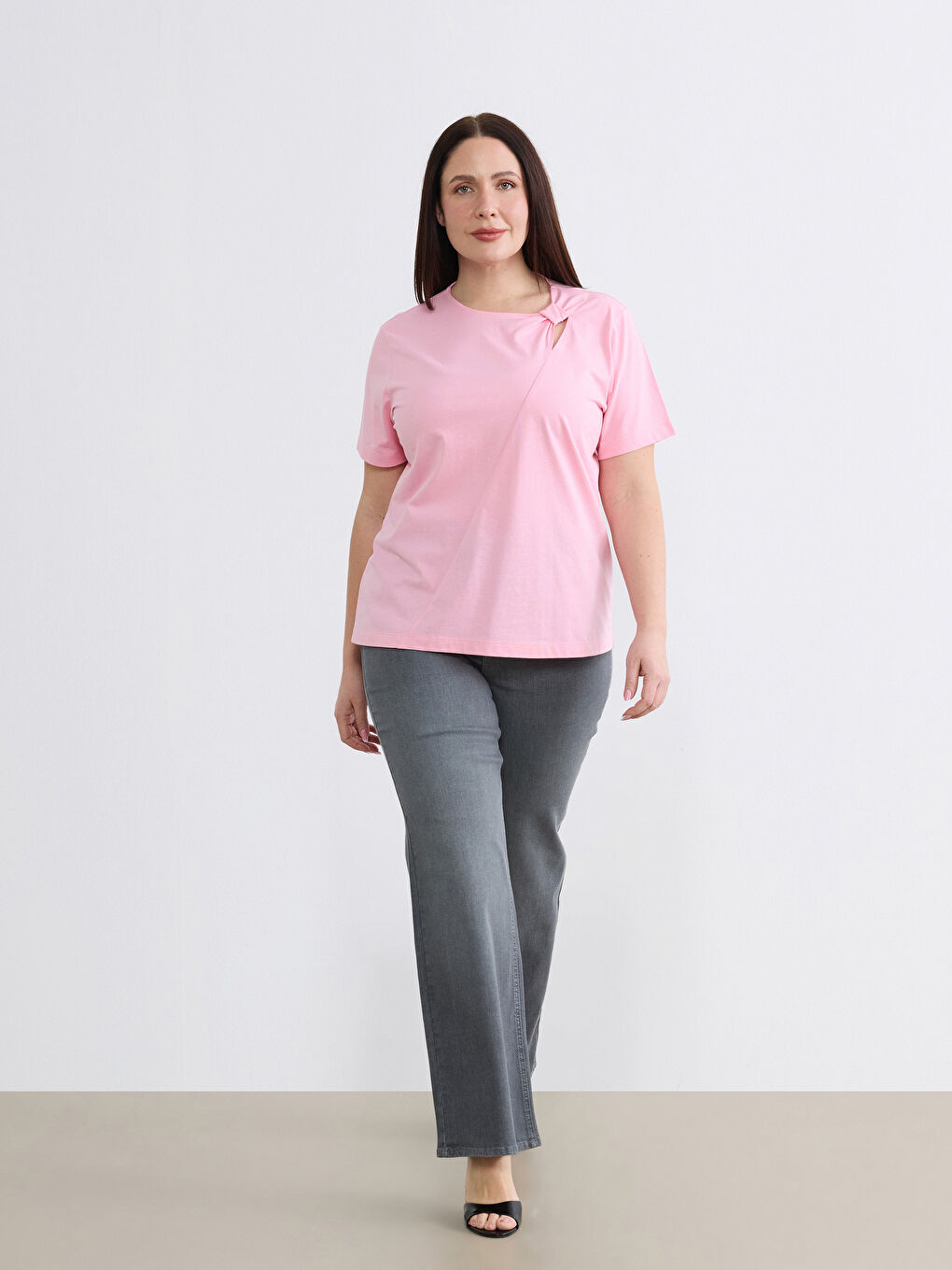 Pembe Büyük Beden Kayık Yaka Dokulu Bluz-1