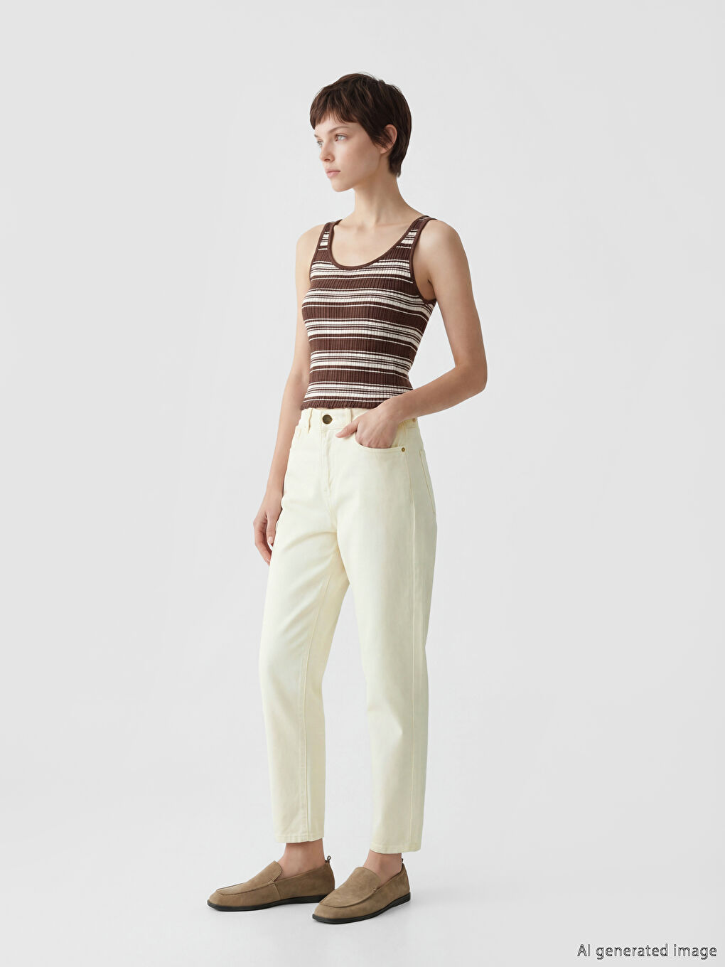 Ekru Mom Fit Kadın Jean Pantolon