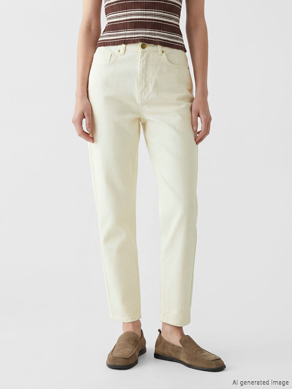 Ekru Mom Fit Kadın Jean Pantolon-1