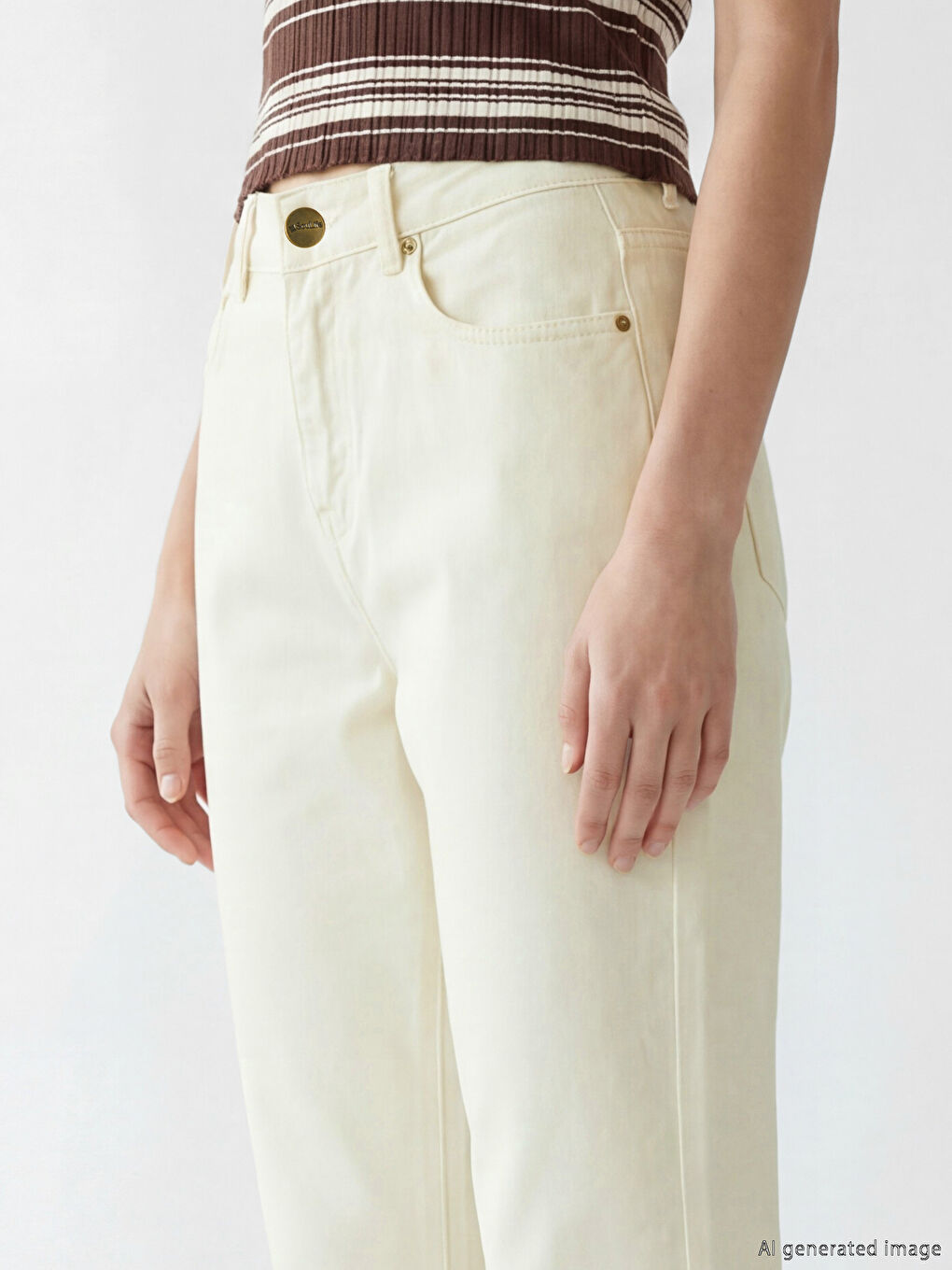 Ekru Mom Fit Kadın Jean Pantolon-2