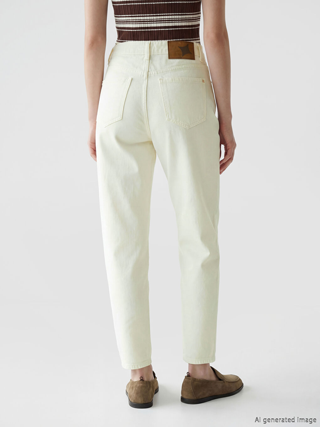 Ekru Mom Fit Kadın Jean Pantolon-3