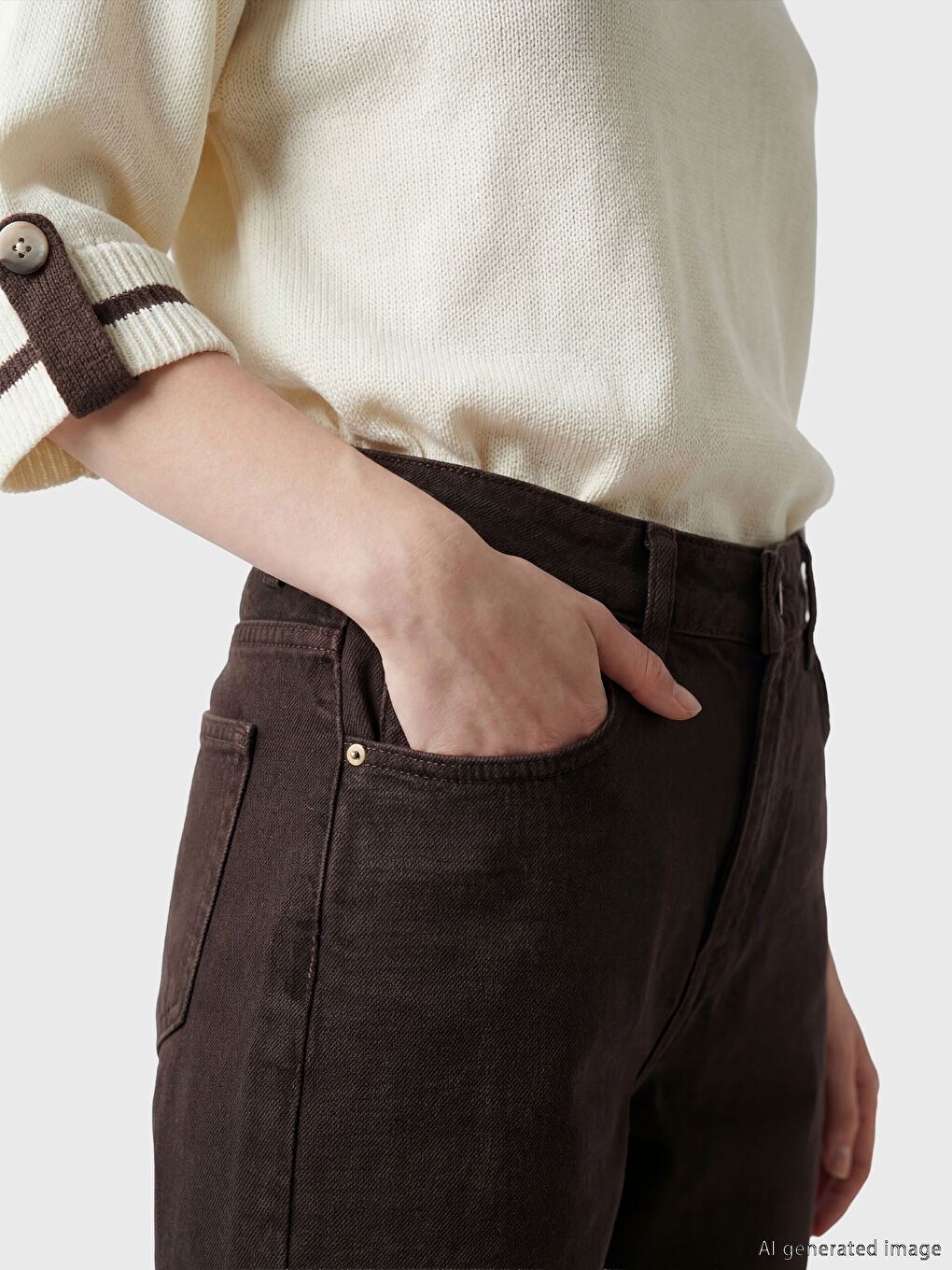 Kahverengi Mom Fit Kadın Jean Pantolon-2