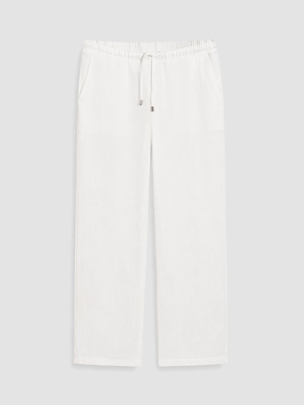 Beyaz Beli Lastikli %100 Keten Kadın Pantolon-3