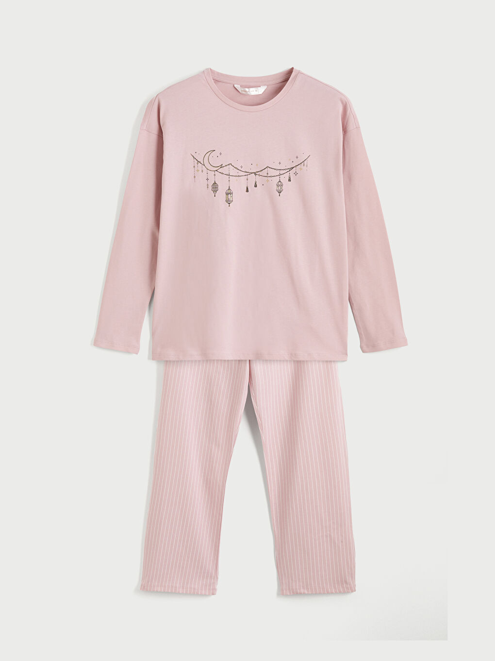 Pembe Bisiklet Yaka Baskılı Kadın Pijama Takımı-4