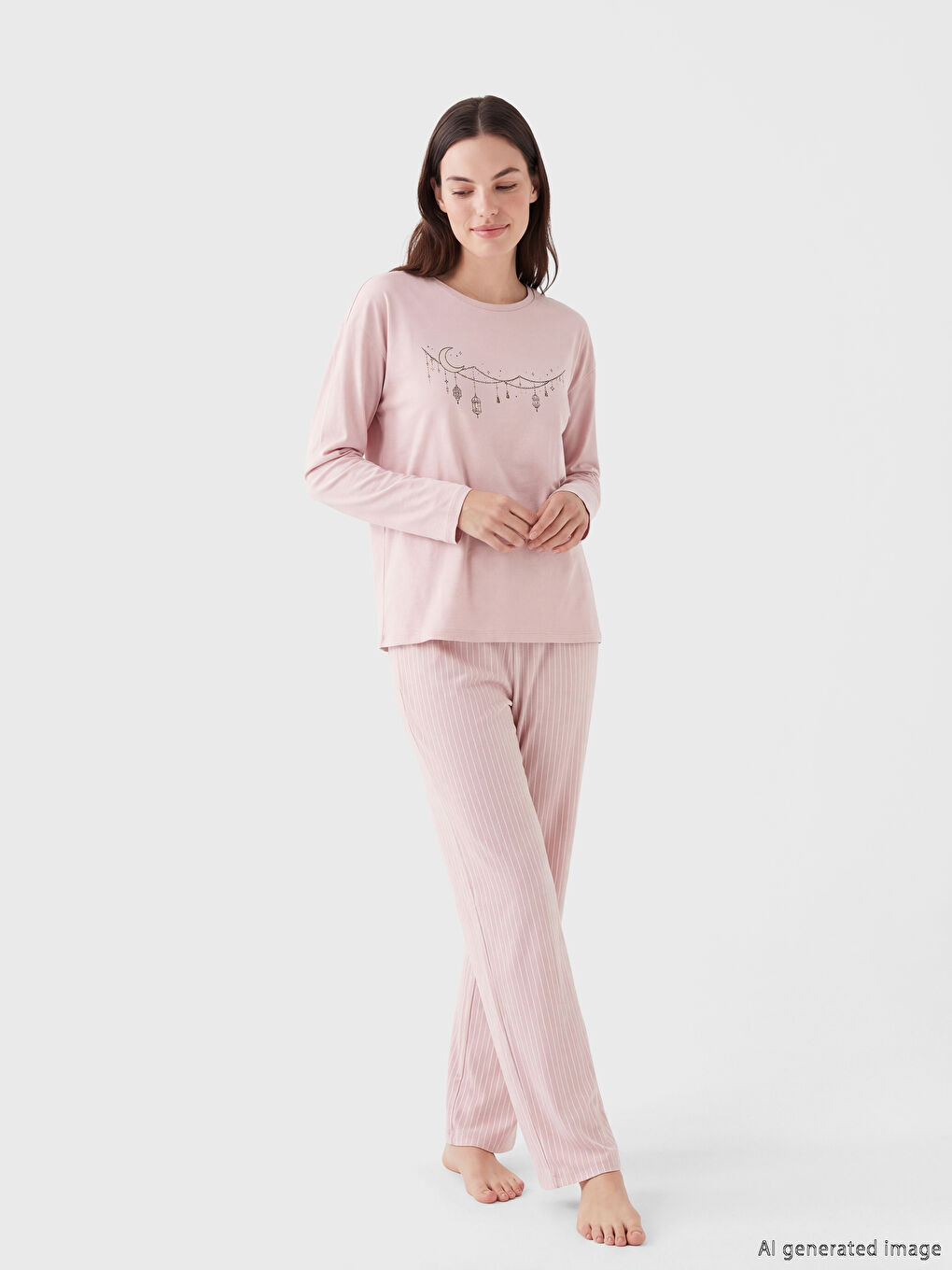 Pembe Bisiklet Yaka Baskılı Kadın Pijama Takımı