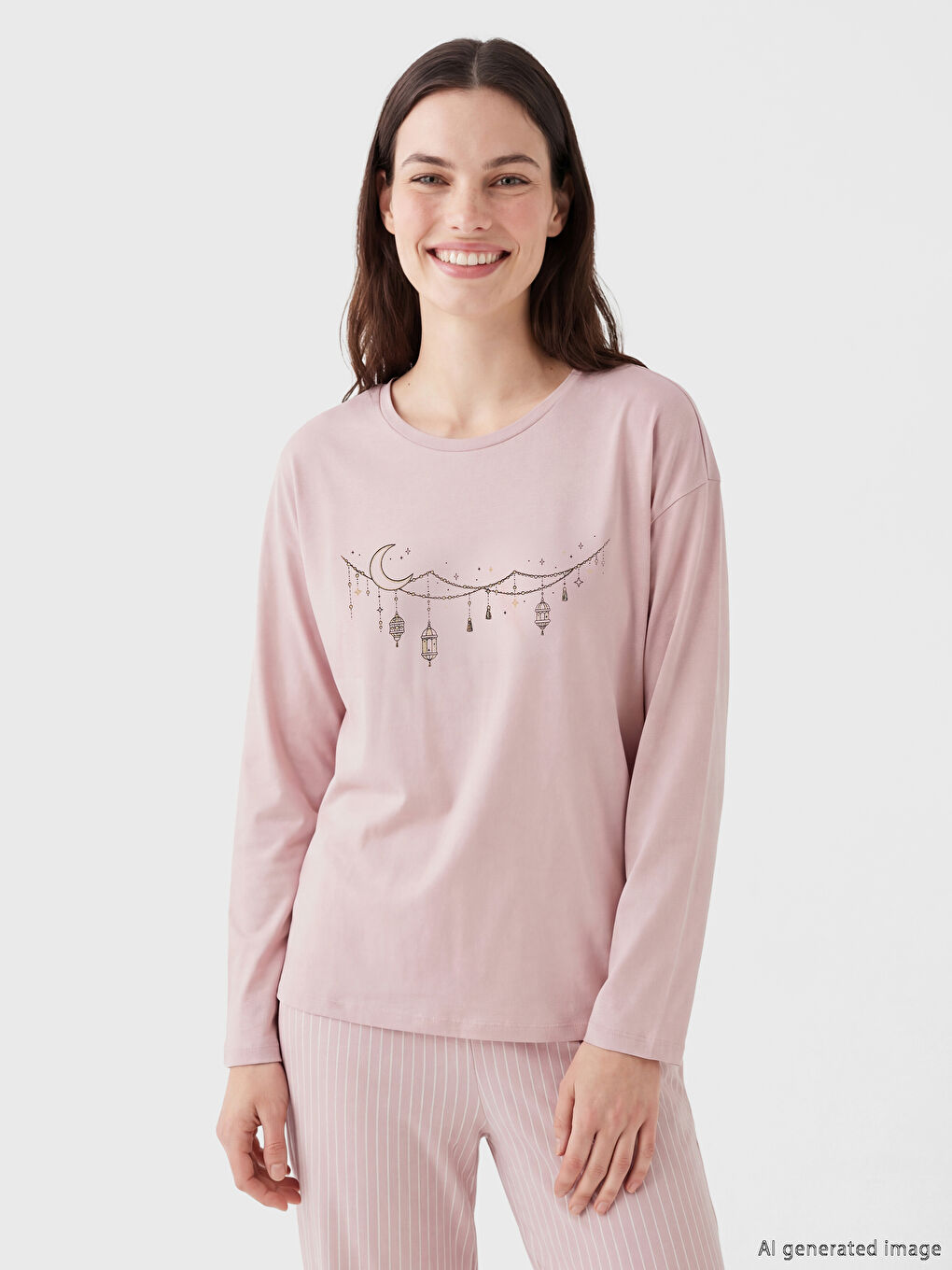 Pembe Bisiklet Yaka Baskılı Kadın Pijama Takımı-1