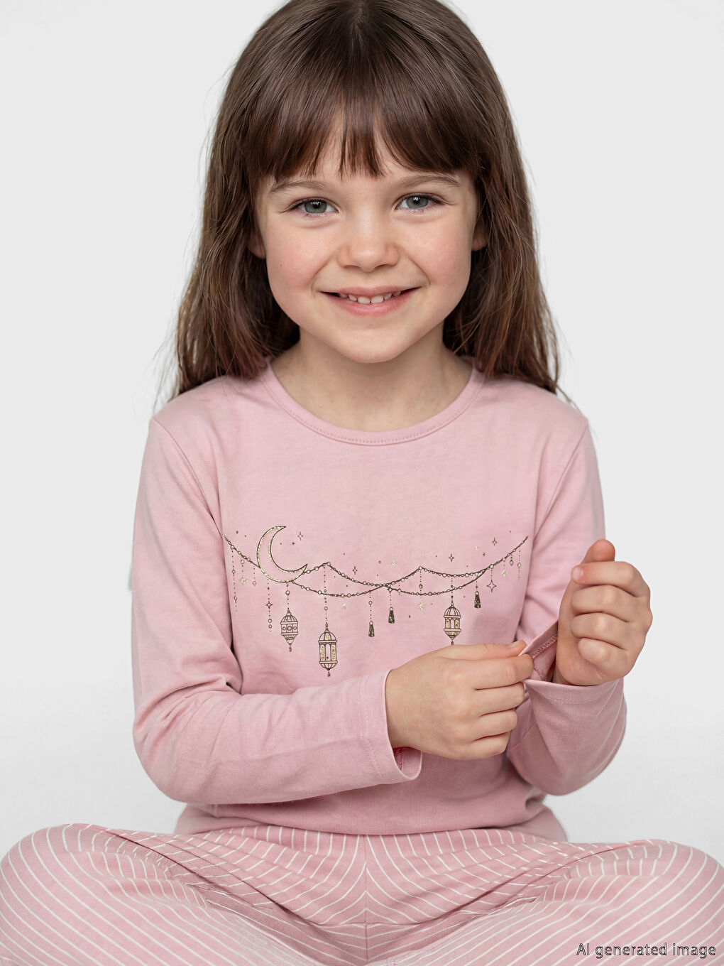 Pembe Bisiklet Yaka Kız Çocuk Baskılı Pijama Takım-1